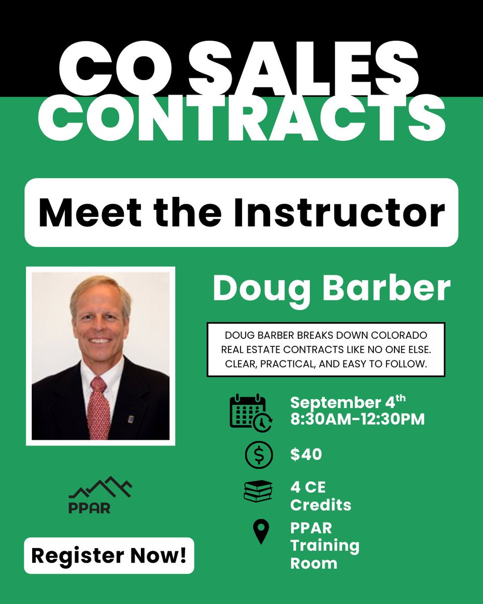 👨‍🏫 Meet Doug Barber — trusted instructor, contract expert, and crowd favorite.  He’s breaking down every section of the Colorado Residential Buy/Sell Contract in clear, practical terms.
🔗shorturl.at/ieW4a