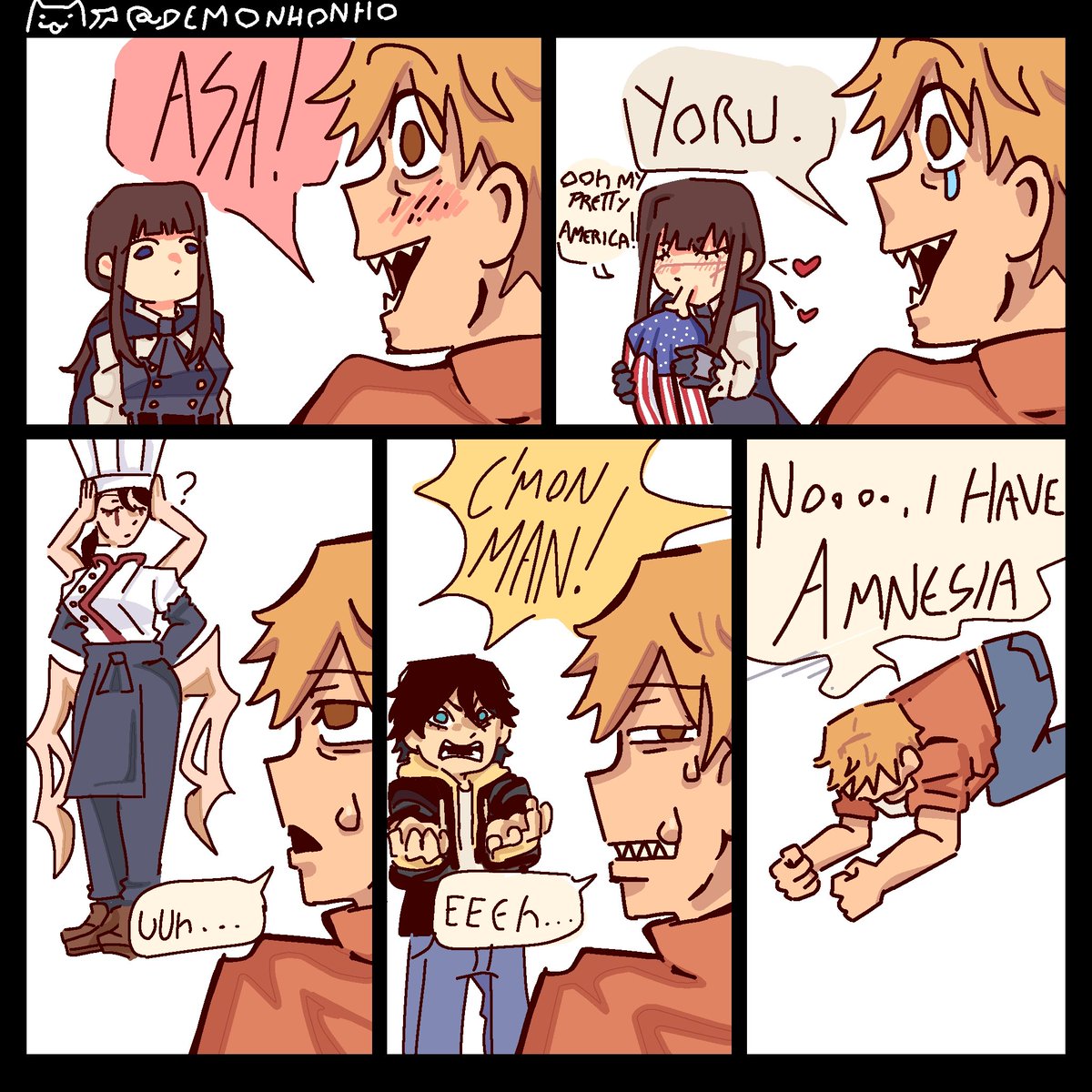 Demonhonho's tweet image. Denji is having amnesia #asamitaka #yoru #fallingdevil #mirisugo