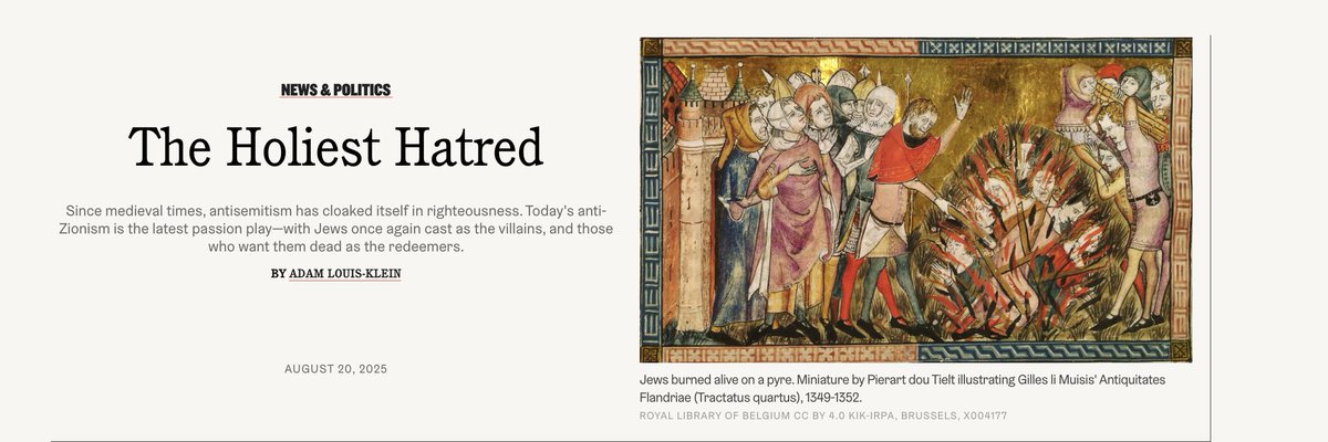 Adam Louis-Klein (@adam_louis52328) on Twitter photo Happy to share a new piece I wrote for <a href="/tabletmag/">Tablet Magazine</a>.
It traces the history and symbolic structure of antisemitism as righteousness—from Medieval passion plays, to Enlightenment critiques of Jewish “particularism,” to Romantic myths of purity, and ultimately to today’s Happy to share a new piece I wrote for <a href="/tabletmag/">Tablet Magazine</a>.
It traces the history and symbolic structure of antisemitism as righteousness—from Medieval passion plays, to Enlightenment critiques of Jewish “particularism,” to Romantic myths of purity, and ultimately to today’s