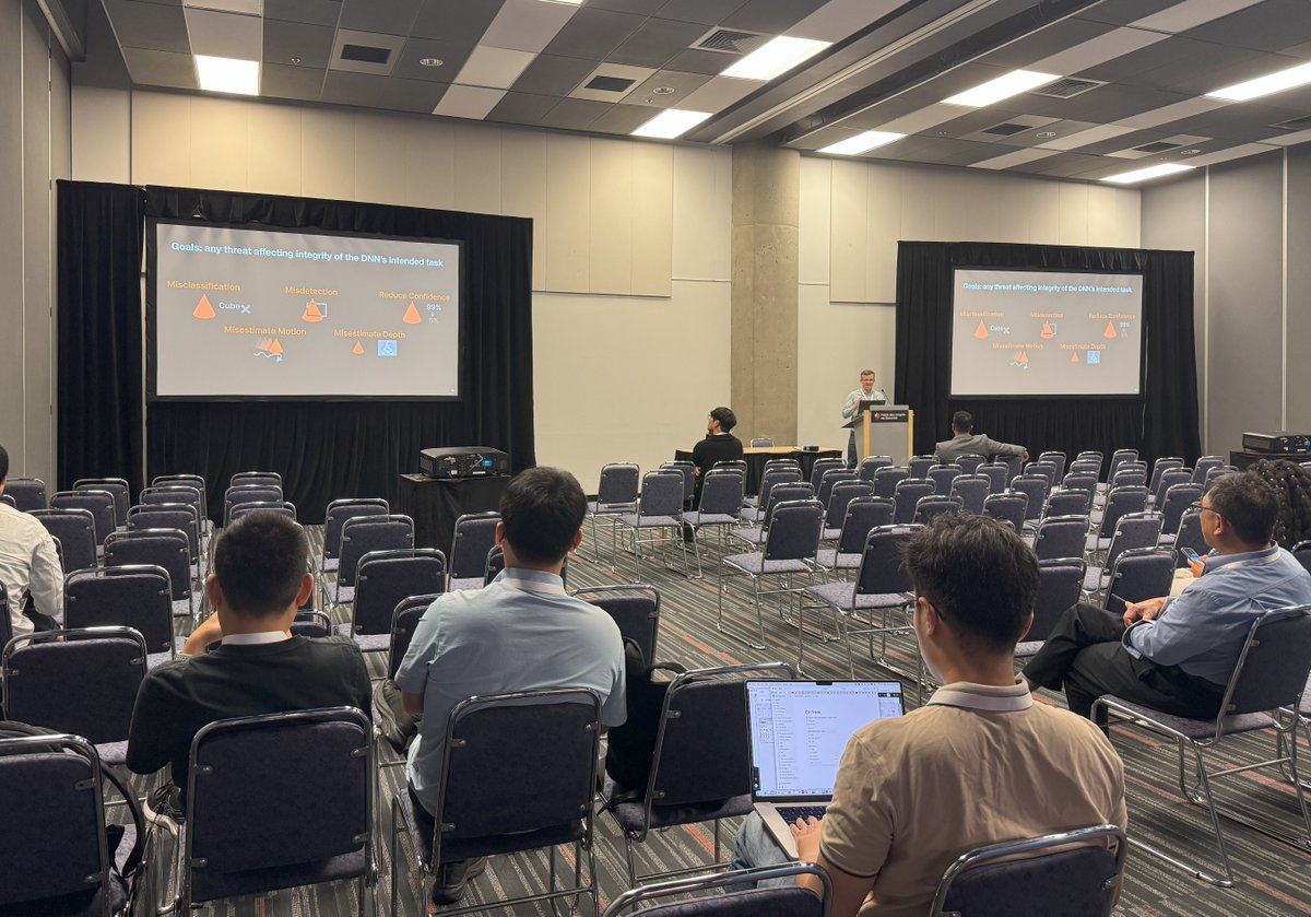 IJCAIconf's tweet photo. #IJCAI2025 Matthew Hull, Georgia Tech, delivering their talk #8557: RenderBender: A Survey on Adversarial Attacks Using Differentiable Rendering at the CV: attacks session. https://t.co/r5shiAR2oi