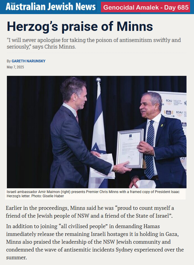 Minns is a liar who encourages police brutality against anti-genocide protesters

He puts Israel's (a genocidal ethnostate) interests ahead of international law and Australia's reputation

An honorary Zionist who has their nonsensical Hasbara down pat