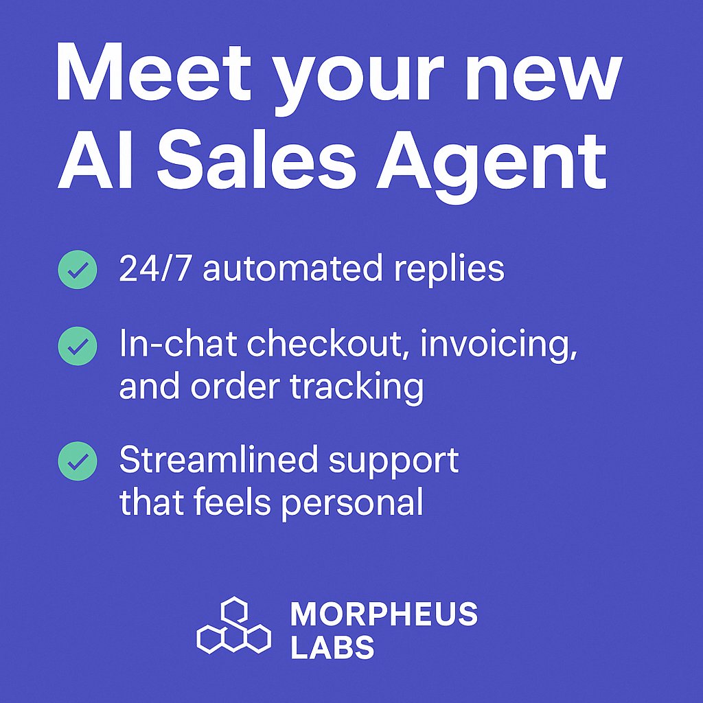 Blessing Ben🌊 (@bben681) on Twitter photo Sales & support shouldn’t feel scattered across websites, socials, and WhatsApp.
When leads slip through the cracks and replies come too late, growth takes the hit.
That’s why <a href="/morpheuslabs_io/">Morpheus Labs</a> built the AI Sales Agent for WhatsApp: ⬇️
#AISales #WhatsAppBusiness #SalesAutomation Sales & support shouldn’t feel scattered across websites, socials, and WhatsApp.
When leads slip through the cracks and replies come too late, growth takes the hit.
That’s why <a href="/morpheuslabs_io/">Morpheus Labs</a> built the AI Sales Agent for WhatsApp: ⬇️
#AISales #WhatsAppBusiness #SalesAutomation