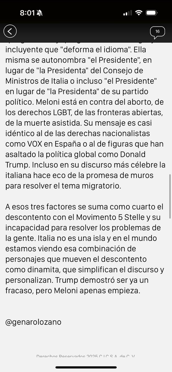 El problema que Sheinbaum nomine a <a href="/genarolozano/">Genaro Lozano 🌈</a> como embajador en Italia no está en que siempre haya estado en la nómina obradorista o en sus preferencias sexuales. 

El problema está en este texto donde dice que <a href="/GiorgiaMeloni/">Giorgia Meloni</a> será un fracaso. Es una torpeza infinita.