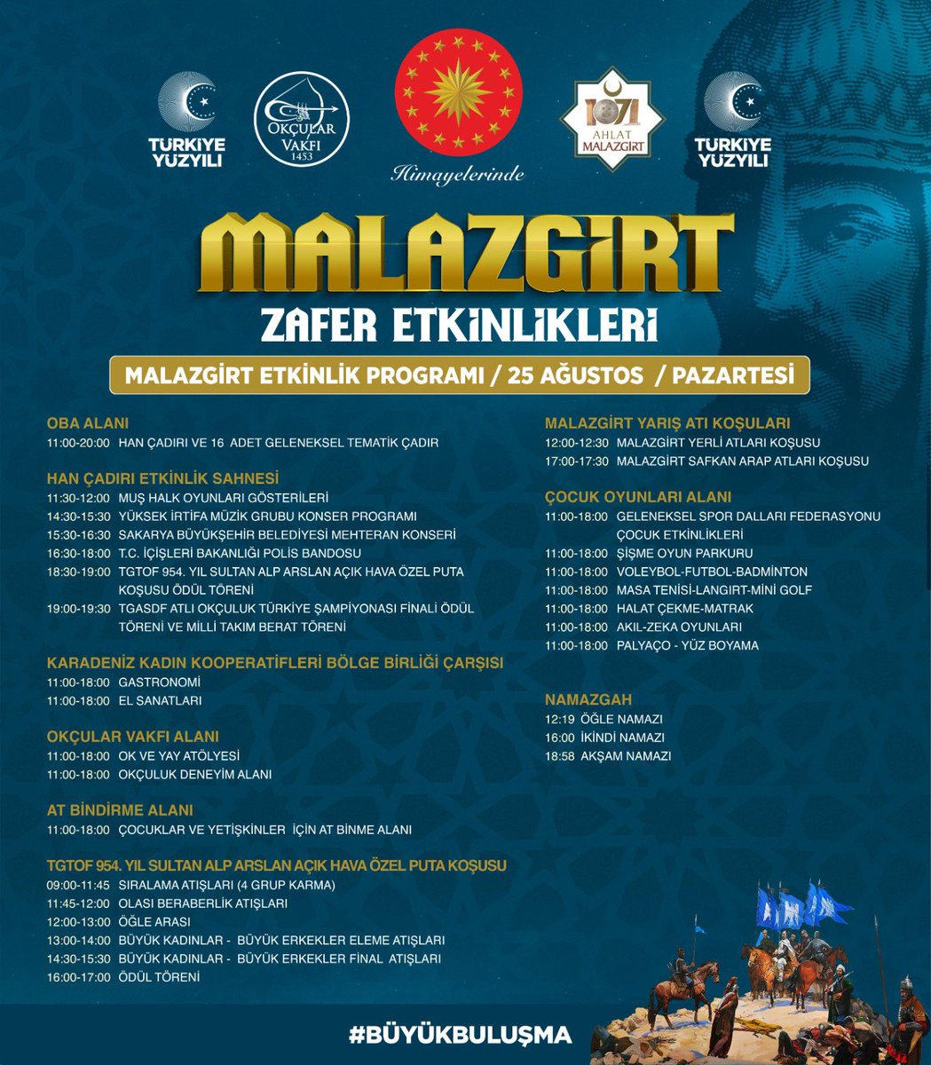 📌 Malazgirt Etkinlik Programı

954. Yıl Anadolu'nun Fethi Malazgirt 1071 Anma Etkinlikleri Programı Başlıyor!

📍 Malazgirt Tarihi Milli Parkı