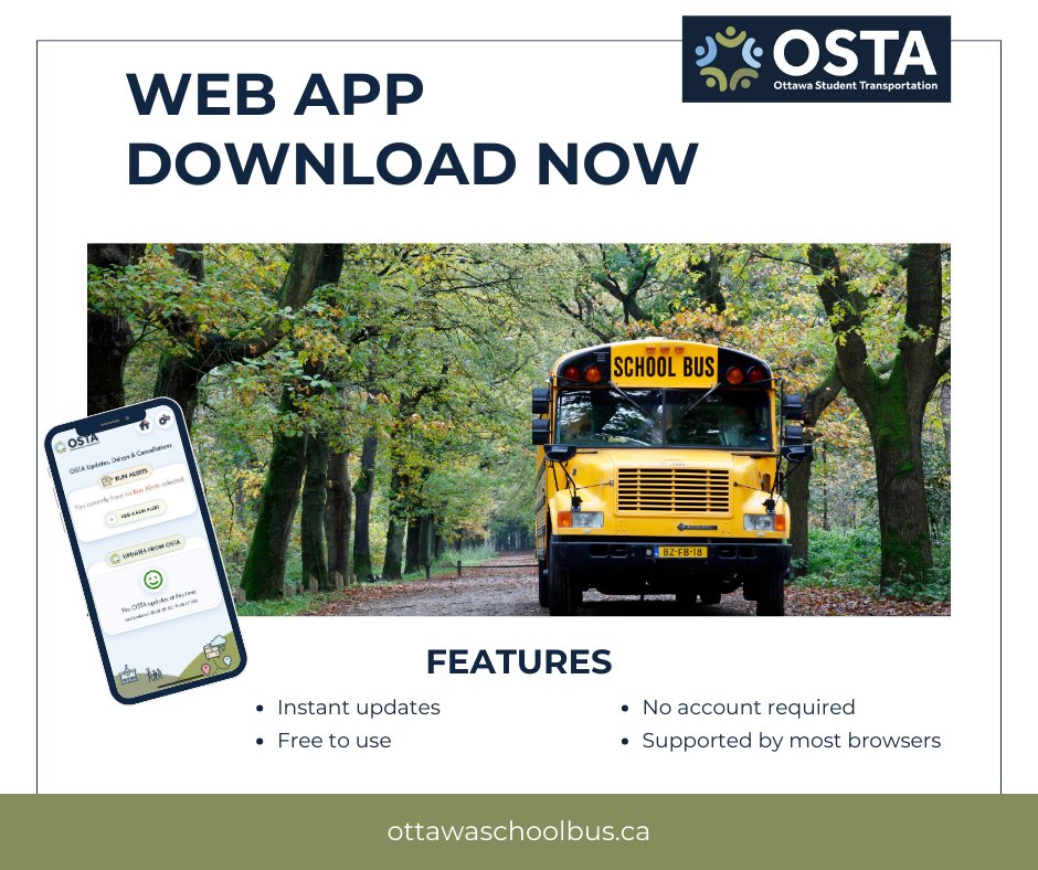 Now that the Parent Portal is open, you can view your child's transportation information on OSTA's web app. 📲 For real-time delay and cancellation alerts, install the app and enter your child's transportation details. If you used the app last year, you must re-enter the