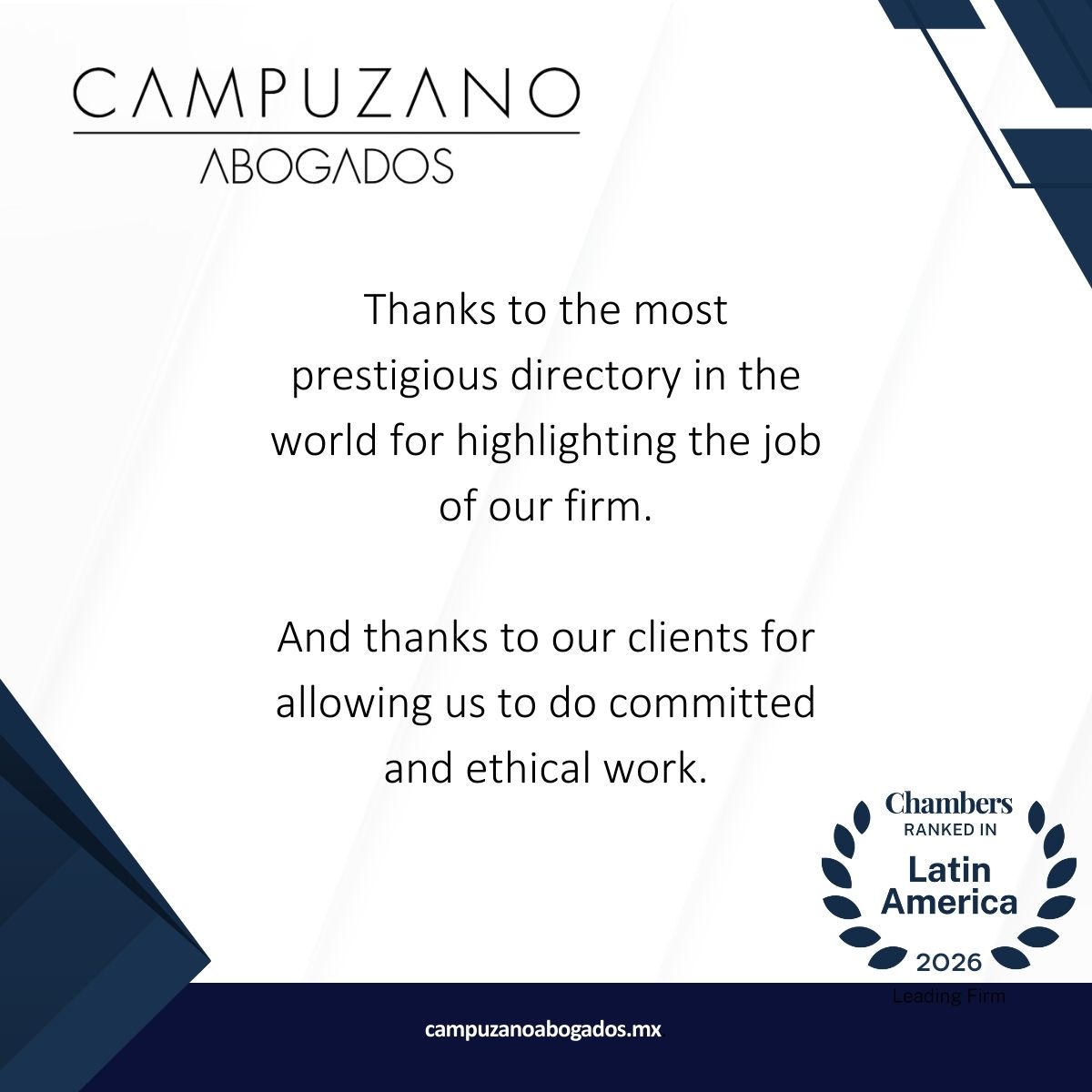 We are proud to share that for the second consecutive year we have been recognized as a leading firm in the White Collar Crime category of the international Chambers and Partners ranking. 

Thank our clients, colleagues, and friends for their support.

campuzanoabogados.mx