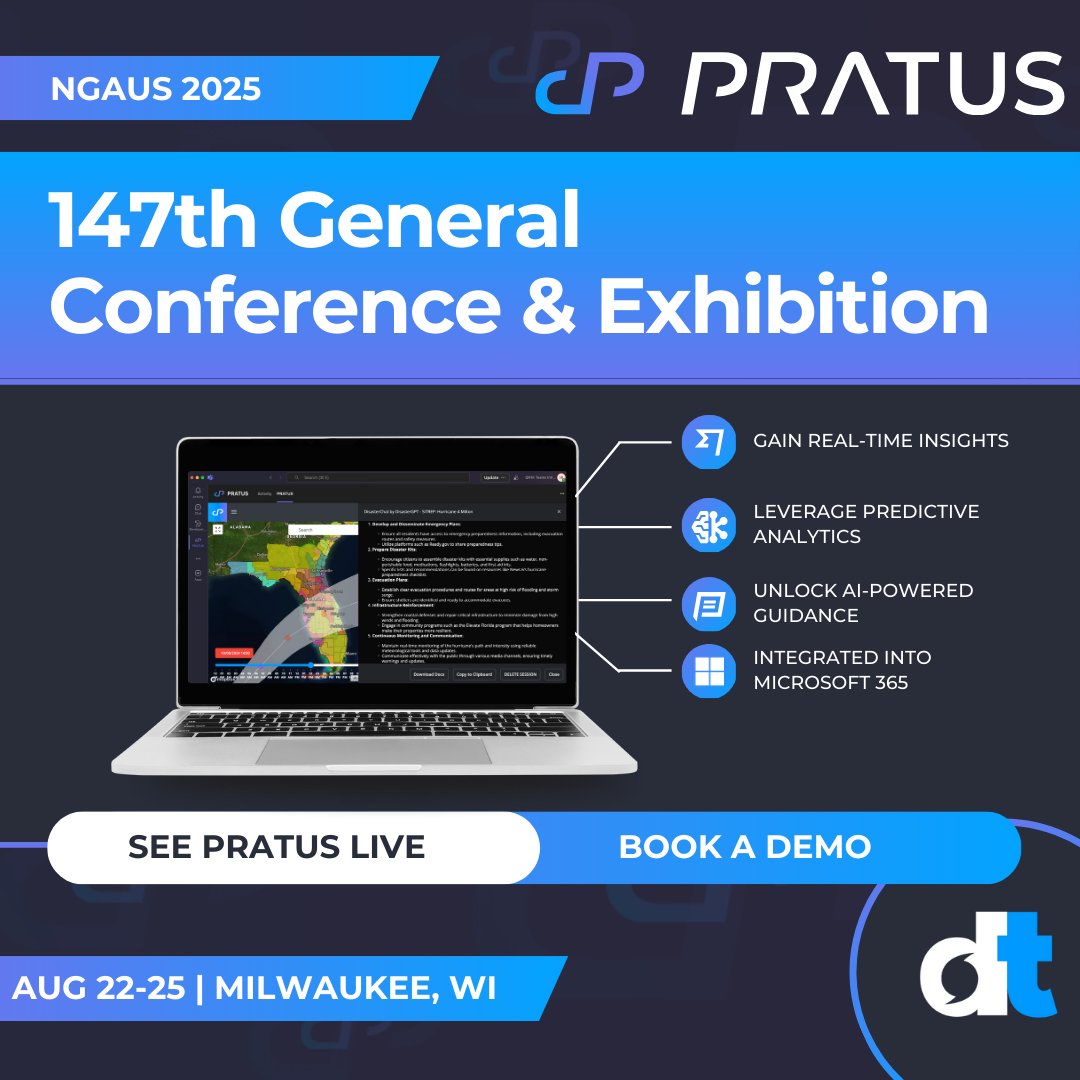 Heading to #NGAUS 2025? Let’s connect!

Join Disaster Tech at the 147th General Conference &amp; Exhibition in Milwaukee from August 22–25 and experience PRATUS in action. hubs.ly/Q03D8tlz0
