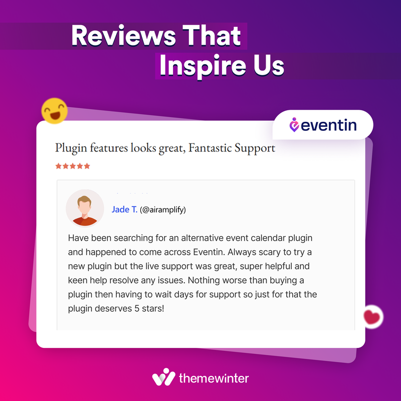 🎉 A Big Thank You to Our Happy User! 🫶

We're thrilled you’re loving Eventin and our support. Your feedback inspires us to keep improving every day 💙

🚀 Try Eventin: themewinter.com/eventin/

#WordPress #Eventin #PluginReview #Themewinter