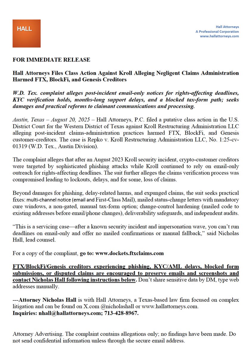I filed a class action against Kroll alleging data breach and negligent  claims administration in the FTX, BlockFi, and Genesis bankruptcy cases  Victims go here: https://t.co/8wqLTsT1hI Read the complaint here: