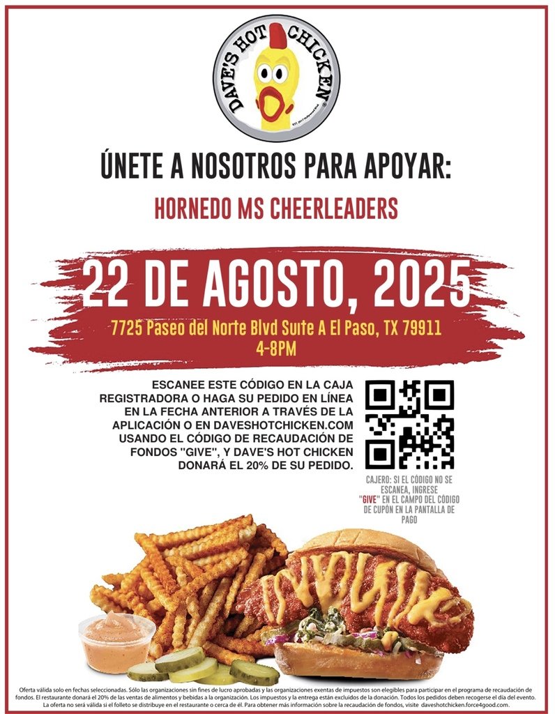 We invite our EPISD Community to join us tomorrow, Aug. 22 from 4-8pm, at Daves Hot Chicken to support our amazing Hornedo 💙🌪🩶Cheerleaders and enjoy delicious food! See you there! 📢