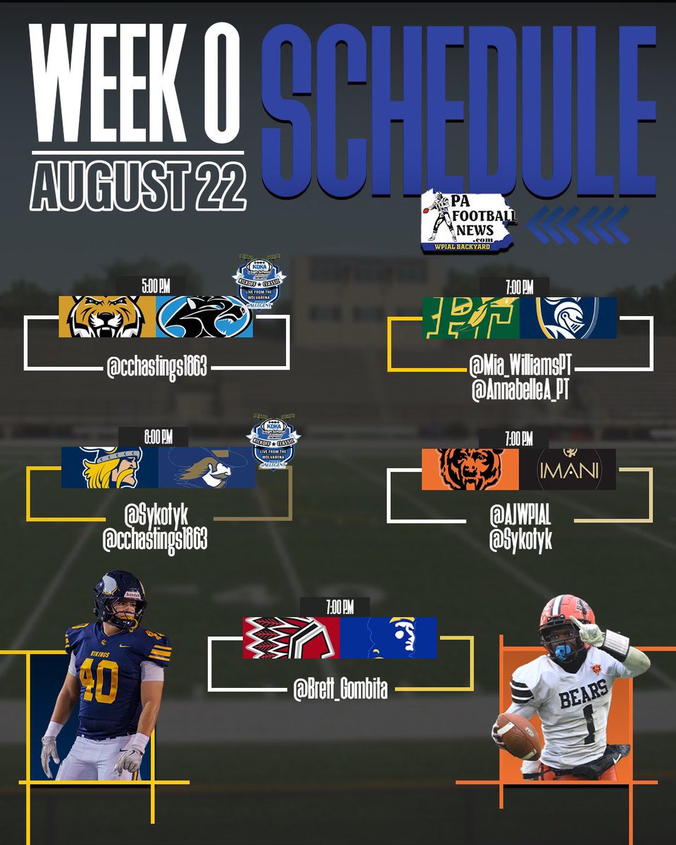 🚨WEEK 0 IS ALMOST HERE🚨
We have 8 GAMES being covered on FRIDAY &amp; SATURDAY! 

➡️<a href="/nafootball_tfl/">NA Football T4L</a>🆚<a href="/whfootball/">Woody High football</a> 
➡️<a href="/ptwarriorfb/">PennTraffordFootball</a>🆚<a href="/NorwinFB/">Norwin High School Football</a> 
➡️<a href="/PCC_FOOTBALL/">Central Catholic Football</a>🆚<a href="/LaSalleFball/">La Salle College HS Football</a> 
➡️<a href="/Clairtonschool/">Clairton School</a>🆚<a href="/ImaniCAFootball/">Imani⚜️🏈</a> 
➡️Waynesburg Central🆚West Greene

<a href="/PaFootballNews/">Pennsylvania Football News</a> <a href="/wpial7/">WPIAL</a>