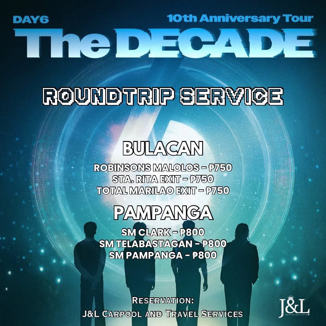 Carpool ~ roundtrip concert service for #DAY6_10th_Anniversary_Tour is still ongoing 🥰

DAY6 10th Anniversary Tour: The Decade in Manila
📆 January 24,2026
📍 SM MOA Arena

BOOK HERE:forms.gle/JPpaUneD4fTj8q…

Batangas~Laguna~Cavite~Metro Manila ~Bulacan~Pampanga #DAY6 #The_DECADE