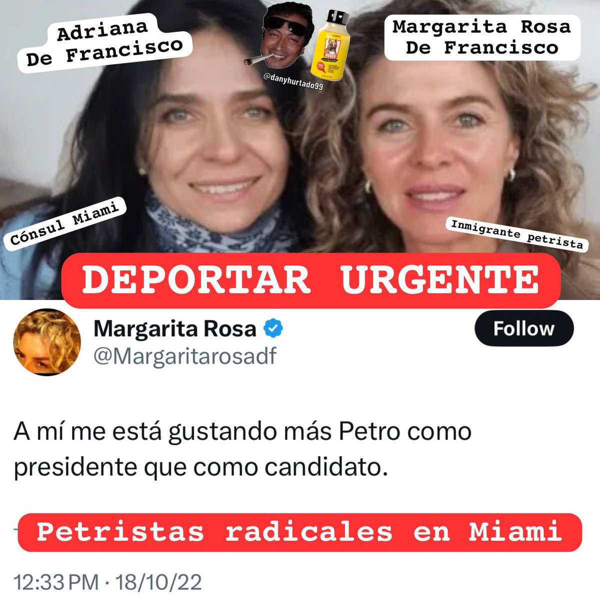 danyhurtado_2's tweet photo. Secretario @SecRubio, la socialista @Margaritarosadf es activista del gobierno de Petro, le hace campaña todos los días desde Miami y difama al Pte Trump.

Le pedimos por favor, procedan inmediatamente a revocarle su residencia. Es enemiga de USA y su hermana es cónsul en Miami. https://t.co/fOsWMGJ7vW