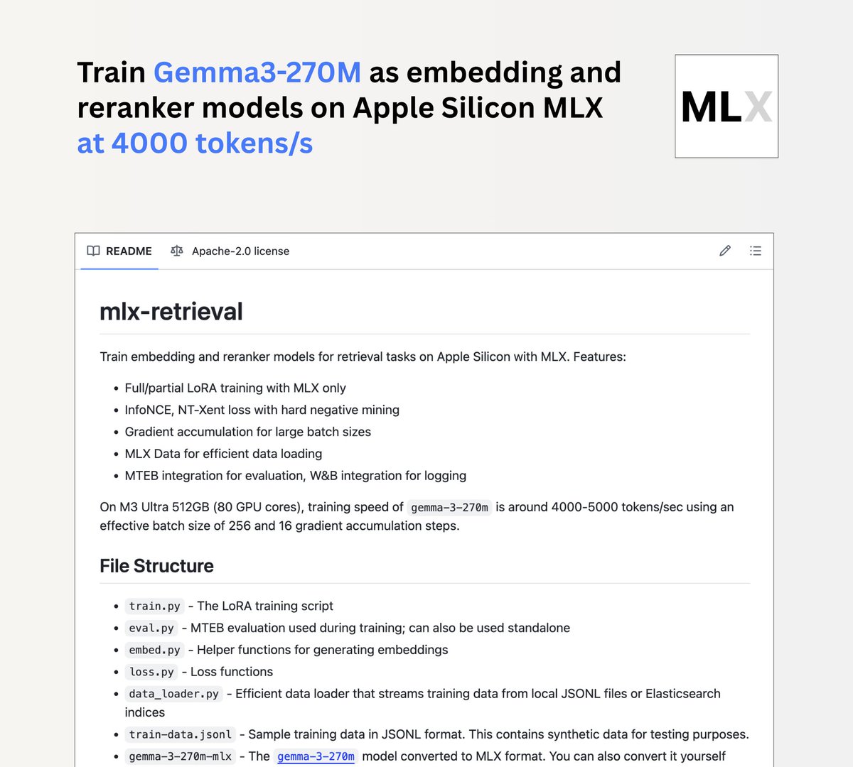Jina AI推出mlx-retrieval项目，Mac M芯片可本地训练Gemma3 270m