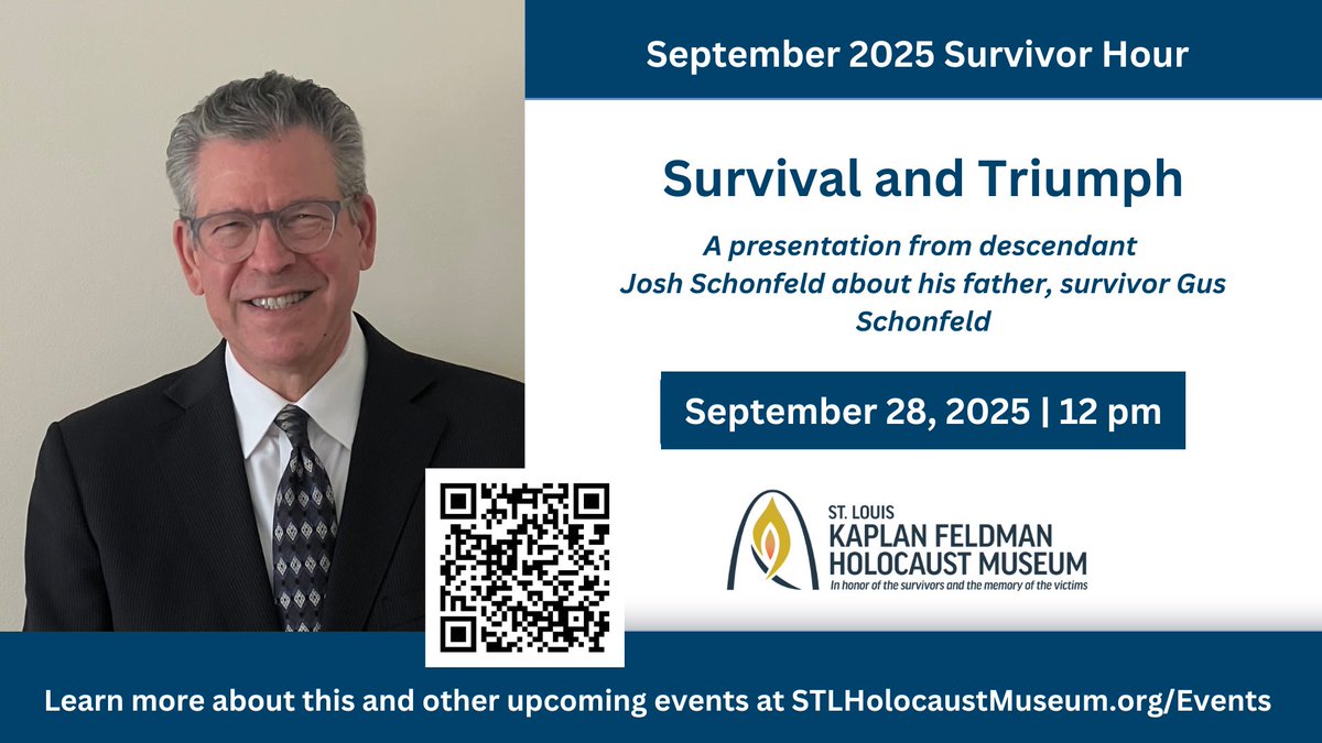 The Holocaust is not only history - it is memory, carried forward by survivors and their families. 

On September 28, hear Josh Schonfeld share the extraordinary story of his father, St. Louis Survivor Gus Schonfeld, in “Survival and Triumph.” bit.ly/3HjFSYB