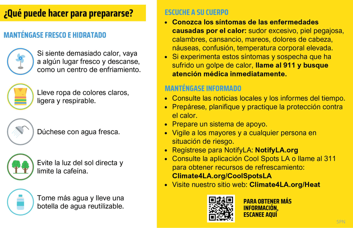 ¡Prepárese para las olas de calor! Manténgase fresco y planifique con anticipación. Encuentre su centro de enfriamiento más cercano y manténgase hidratado. Llame al 311 o visite a nuestro sitio web para recursos de alivio del calor ➡️ Climate4LA.org/Heat #AlivioDelCalorLA