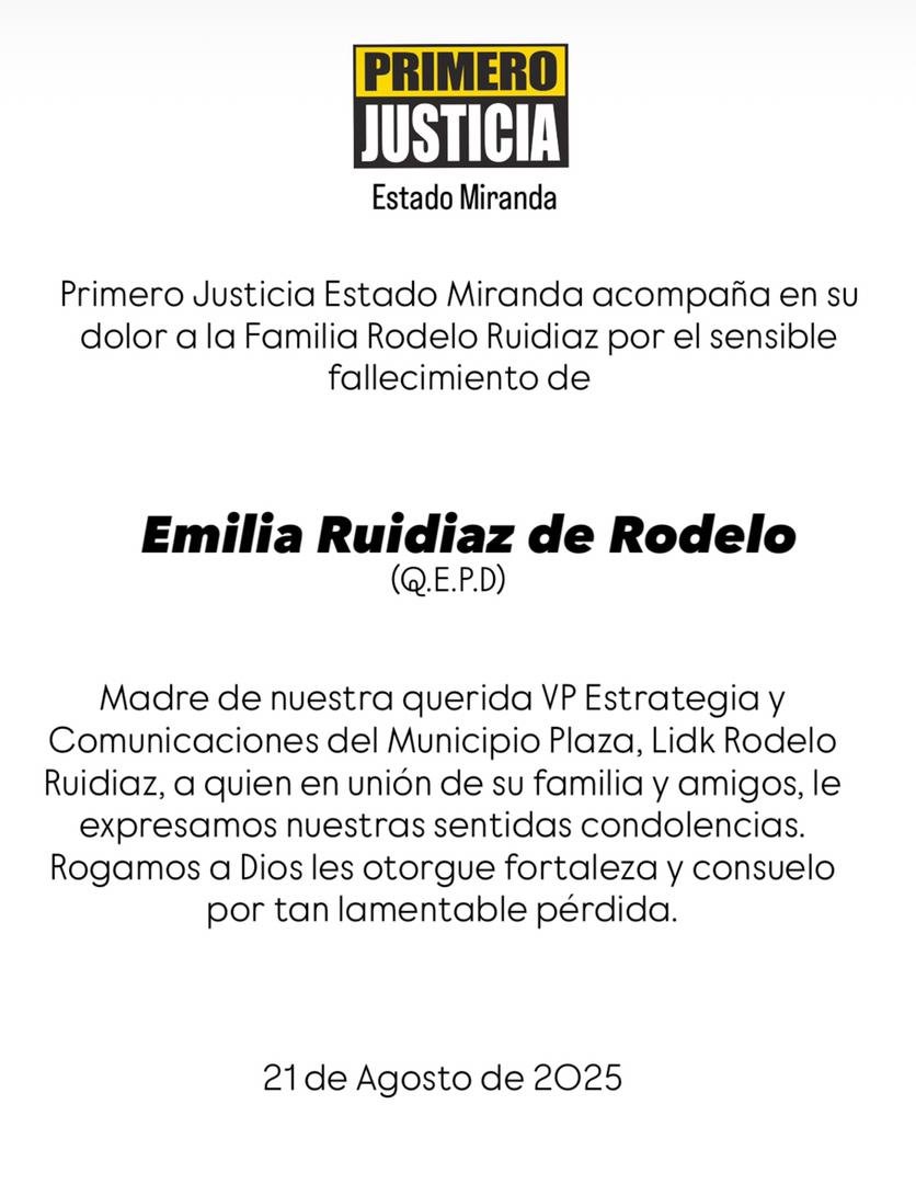 Primero Justicia Miranda acompaña en su dolor a la familia Rodelo Ruiz por el sensible fallecimiento de Emilia Ruidiaz de Rodelo.