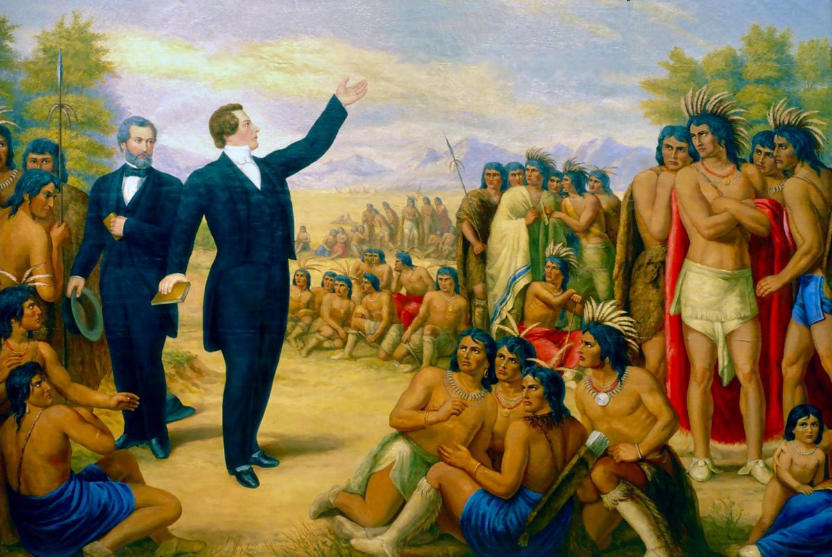 Martin Harris: 
Paint me a beautiful picture of Joseph Smith preaching to a few Native Americans in a barn. 

The Artist: 
Brother Joseph stands before 200 blood thirsty warriors holding spears, and declares, 

“This book is about you motherfreakers” 

#LDS