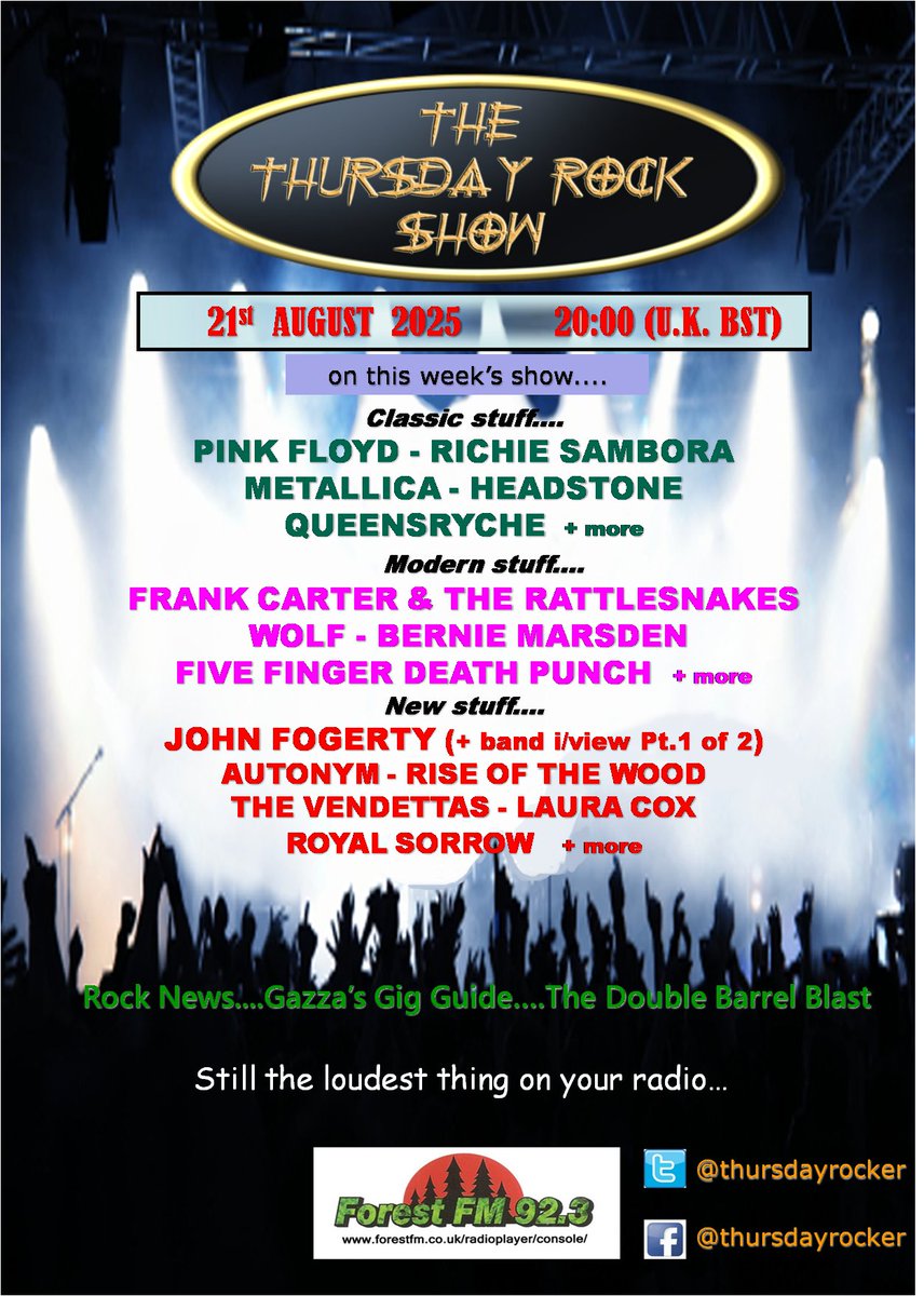 thursdayrocker's tweet photo. Announced! @thursdayrocker #radioshow today 8pm (UK) stream https://t.co/RSyWXfwlWA feat. @CreedenceRealty @rockvendetta @Bernie_Marsden @FFDP @Wolf_Sweden @therattlesnakes @queensryche @TheRealSambora @Metallica @pinkfloyd #Autonym #RiseOftheWood #RoyalSorrow #LauraCox + more !! https://t.co/54NEGiAFJD