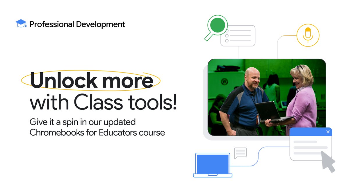 GoogleForEdu's tweet image. Level up your classroom management! Our #Chromebooks for Educators course just got an upgrade with tips on making the most of class time with #ClassTools. Dive into guided walkthroughs to help you streamline lessons and keep students engaged. goo.gle/4fJMHPD