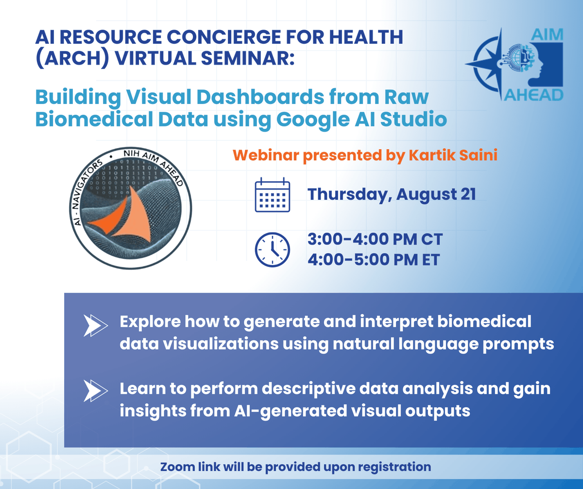 AIM_AHEAD's tweet image. 📢 Happening TODAY!

Join the ARCH Workshop: “Building Visual Dashboards from Raw Biomedical Data using Google AI Studio” 

🕒 3–4 PM CT | 4–5 PM ET
💻 Virtual &amp;amp; Beginner-friendly. No coding needed!

Still time to register! 
🔗 Link in Bio!

#ARCHWorkshop #BiomedicalData #AI