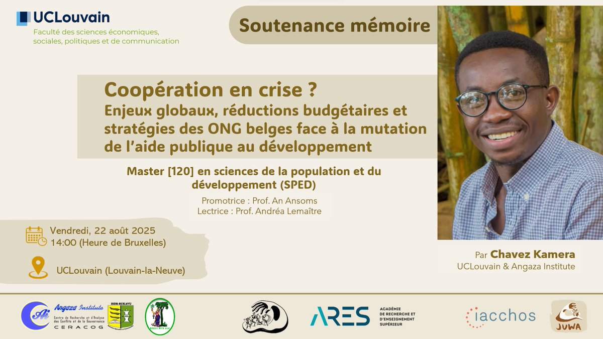 [#SaveTheDate] Heureux d'annoncer que <a href="/chavez_kamera/">Chavez Kamera</a> soutiendra son mémoire de Master « Coopération en crise ? Enjeux globaux, réductions budgétaires et stratégies des ONG belges face à la mutation de l'APD »
🗓️22/08/25
⏰14:00
📍UCLouvain
En savoir plus➡️facebook.com/share/19bFCzFe…