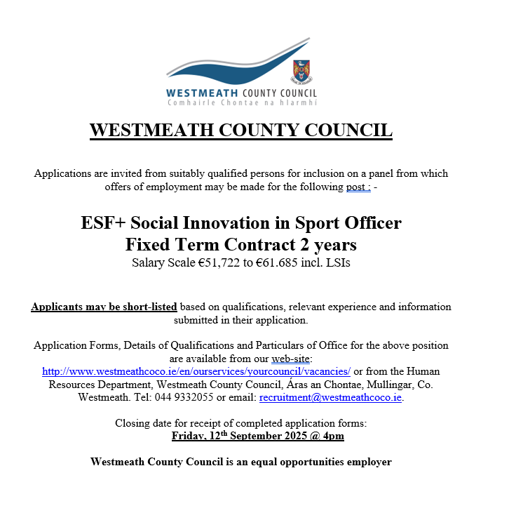 westmeathcoco's tweet photo. 📣 We are Hiring - ESF+ Social Innovation in Sport Officer

💻 For further information please see https://t.co/nR62Z1ob69 https://t.co/gvnC3lTf5A