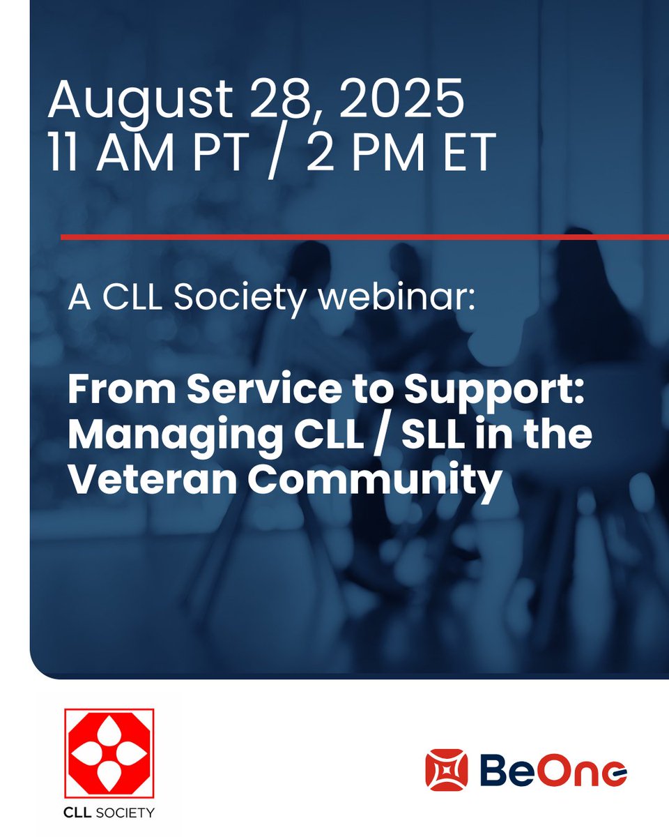 BeOne Medicines (@beonemedicines) on Twitter photo We look forward to supporting <a href="/CllSociety/">CLL Society Inc.</a>'s upcoming webinar on the unique challenges and considerations of CLL / SLL among veterans, taking place Thursday, August 28.
This free, virtual event will address the higher prevalence of CLL in veterans, the VA’s recognition of CLL as We look forward to supporting <a href="/CllSociety/">CLL Society Inc.</a>'s upcoming webinar on the unique challenges and considerations of CLL / SLL among veterans, taking place Thursday, August 28.
This free, virtual event will address the higher prevalence of CLL in veterans, the VA’s recognition of CLL as
