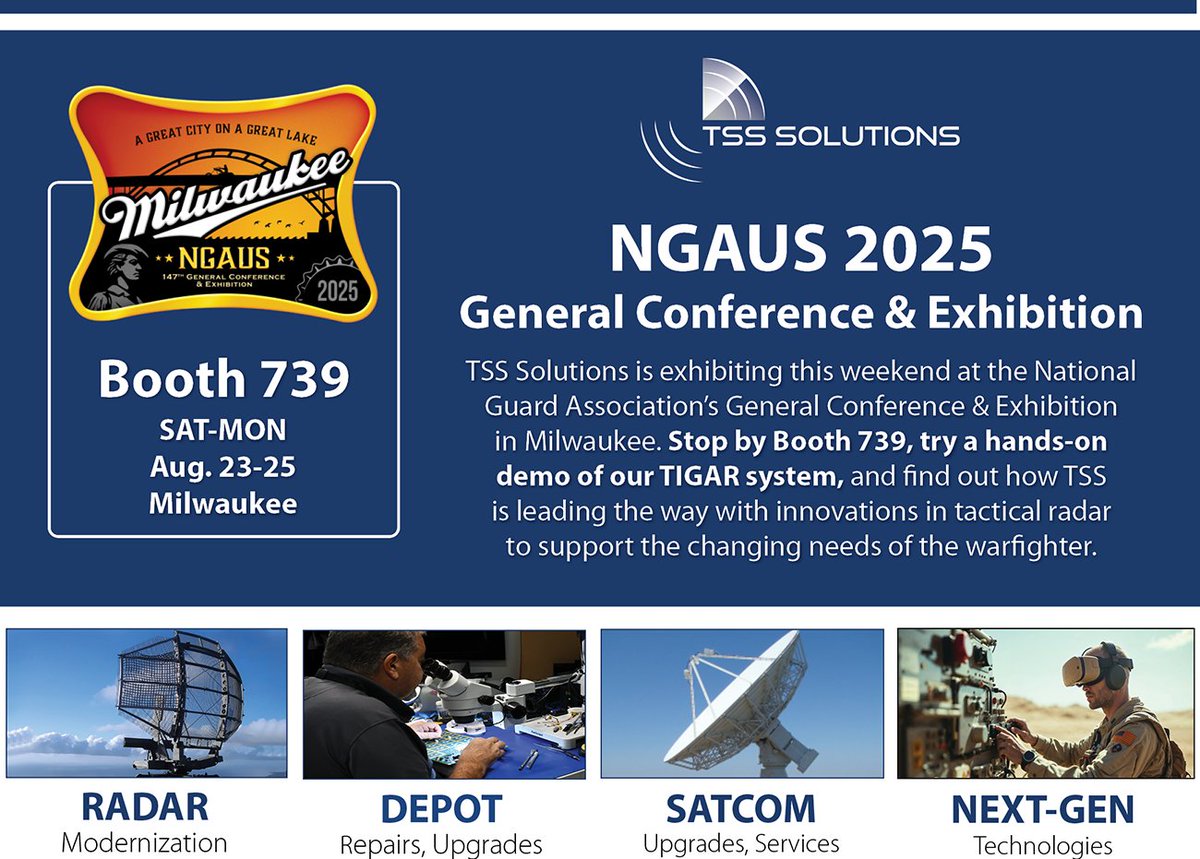 solutions_tss's tweet photo. Attending NGAUS this weekend in Milwaukee? Stop by Booth 739 on Saturday, Sunday, or Monday to check out TSS Solutions’ full-color TIGAR touch-screen tactical radar interface! https://t.co/IbCWoID5F3