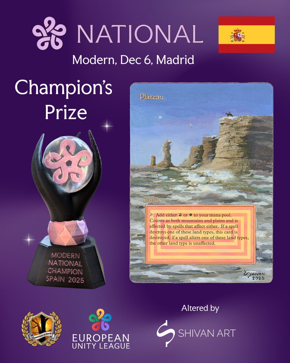 European Unity League (@unityleaguemtg) on Twitter photo 🇪🇸 EUL National Champion’s prize 🏆
A Revised Plateu 🃏 altered by <a href="/ShivanArt/">ShivanArt🔜TBA👀</a> 🎨 and a custom trophy 🖤
📅 06.12
📍 Madrid, <a href="/CtoESModern/">CAMPEONATO MODERN</a>
🔗 unityleague.gg/events/12310/ 🇪🇸 EUL National Champion’s prize 🏆
A Revised Plateu 🃏 altered by <a href="/ShivanArt/">ShivanArt🔜TBA👀</a> 🎨 and a custom trophy 🖤
📅 06.12
📍 Madrid, <a href="/CtoESModern/">CAMPEONATO MODERN</a>
🔗 unityleague.gg/events/12310/