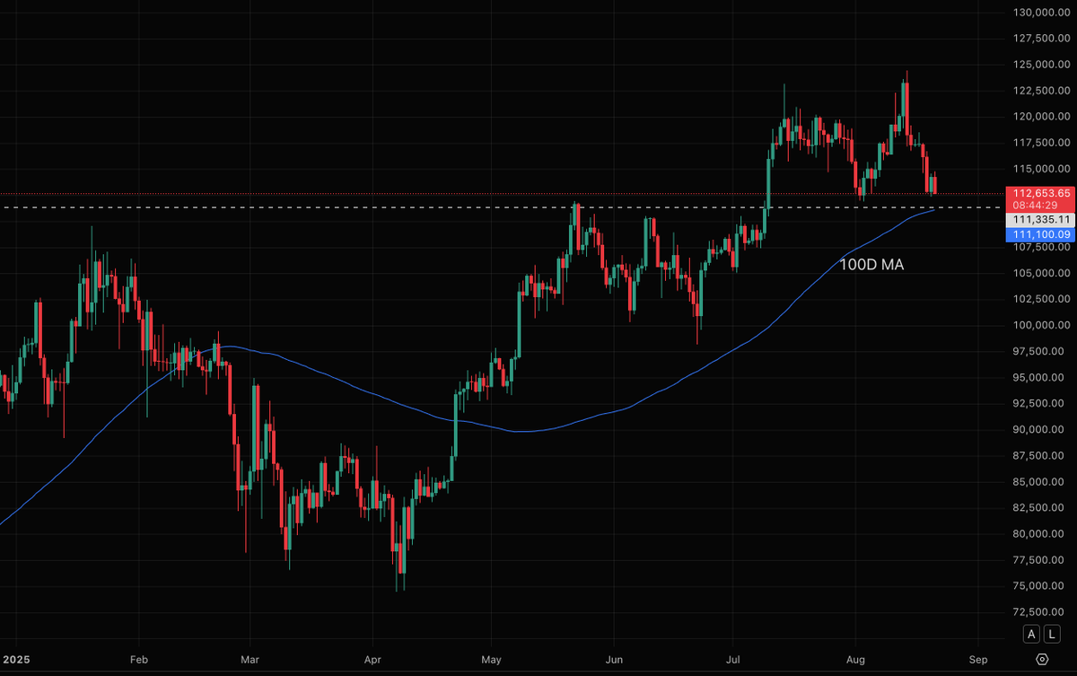 Abysstoic's tweet photo. $BTC mid-term view

Price is retesting the 100D MA (~111k), aligning with local support.

As long as this level holds, the uptrend structure (higher lows &amp; higher highs) remains intact. https://t.co/cmnPWLzl38
