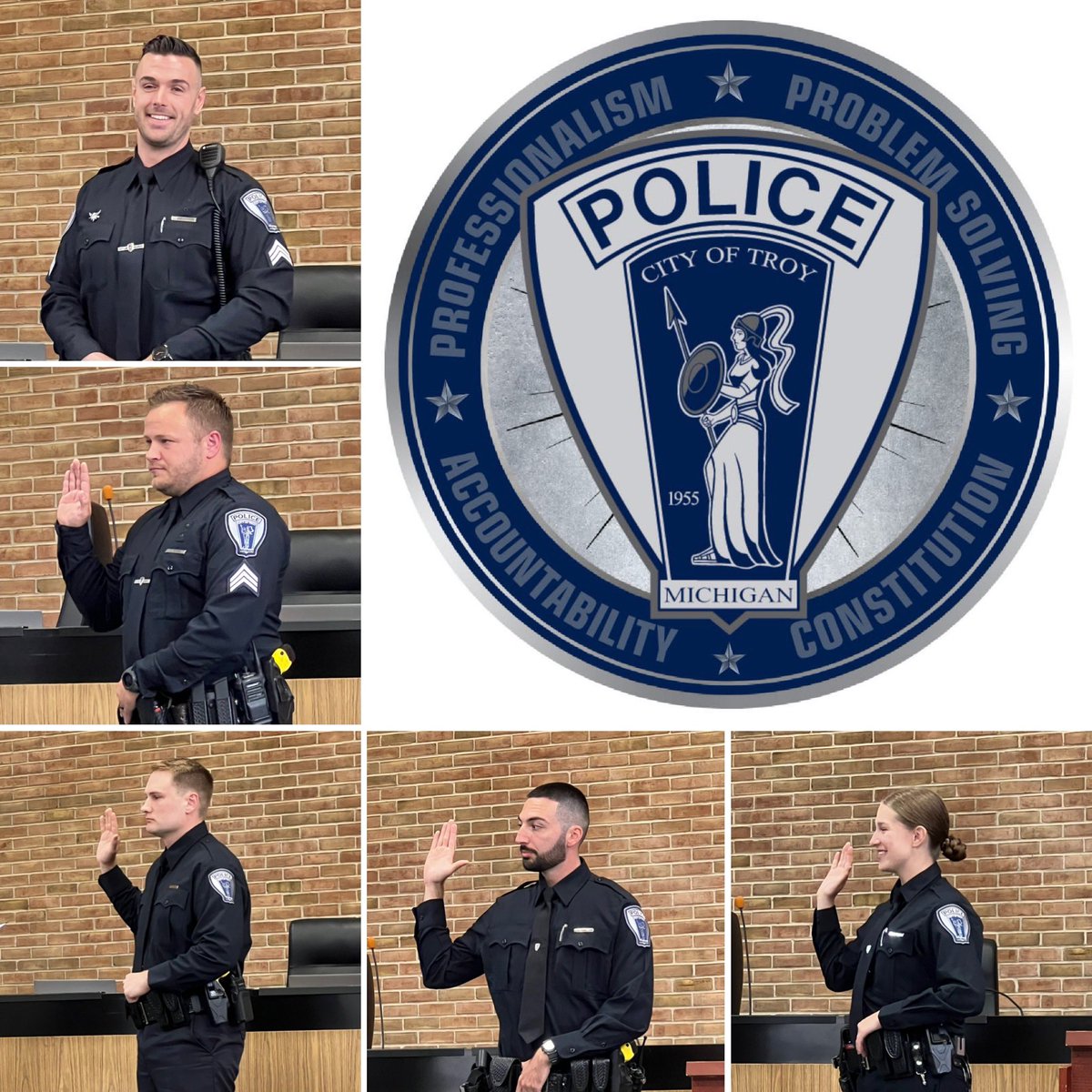 EthanBakerMI's tweet photo. Cannot beat a ceremonial swearing-in for our @TroyMI_Police! Congratulations to new Sergeants Zach Yeomans & Nick Barrett, and to new Officers Justin Jaehn, Riley Petz, and Christopher Dionise! #TroyMI #PublicSafety #Priority1 https://t.co/l9ggVNFE6G