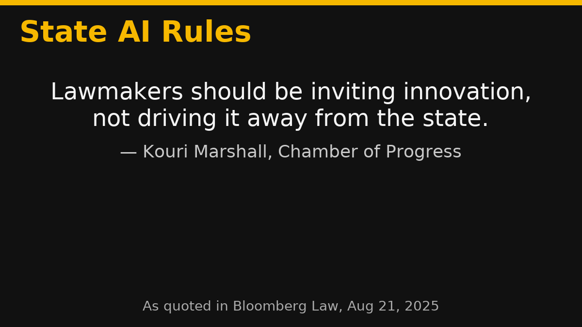 KouriCMarshall's tweet photo. Honored to be quoted in Bloomberg on the state AI rules fight: “Lawmakers should be inviting innovation, not driving it away from the state.” Read more: https://t.co/gcrmapMMGR #AIpolicy #StateLeg Cc: @ProgressChamber https://t.co/6QukIjtj5k