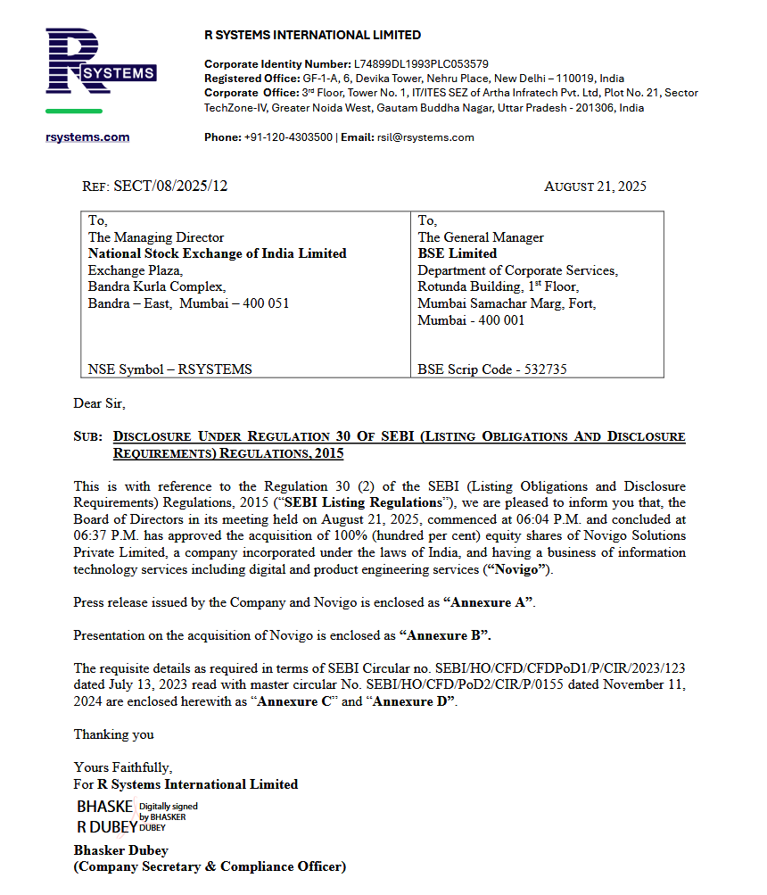 regulation30's tweet photo. As spotted in the quoted short thread a few weeks ago - R Systems Ltd was raising debt for an acquisition, which it has disclosed today. https://t.co/du6YWeqb6W