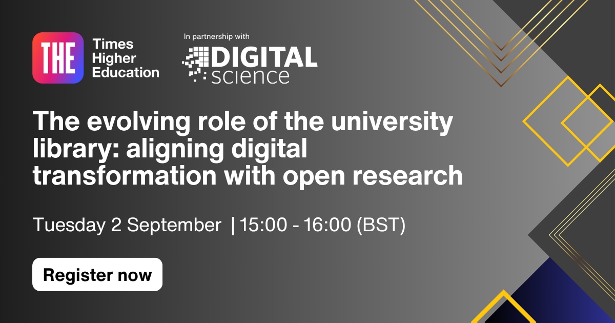 📣 Libraries are critical to #DigitalTransformation in higher education.

Don't miss this webinar with <a href="/timeshighered/">Times Higher Education</a> &amp; <a href="/figshare/">Figshare</a> on university libraries &amp; #OpenResearch.

🗓️ Tuesday 2 September 2025
🕒 3pm BST 🕙 10am EDT

🔗 More details &amp; register: ow.ly/OSjq50WBtiX