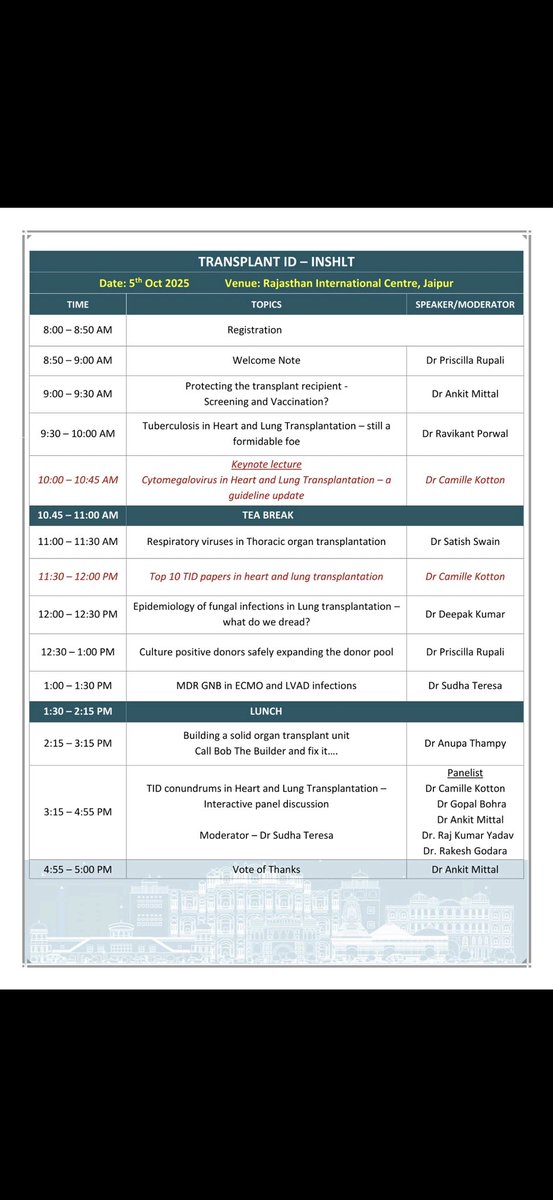 IDDoc_Mittal's tweet photo. 🌟 Announcing TID Week 2025 – 9th Transplant Infectious Diseases Conference 🌟

📍 Dates &amp; Venue

5th &amp; 12th October 2025 – Rajasthan International Centre, Jaipur

8th &amp; 9th October 2025 – Virtual BMT Programme

📌 Register here: https://t.co/TcvzMoCEyD https://t.co/gbi99ZMNqm