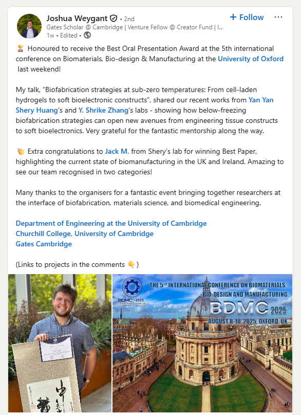 Bio-Design and Manufacturing (@biodesignmanuf) on Twitter photo Congratulations <a href="/JoshWeyg/">Joshua Weygant</a> for receiving the Best Oral Presentation Award at our 5th International Conference on Biomaterials, Bio-design & Manufacturing at the <a href="/UniofOxford/">University of Oxford</a> last weekend!
See his LinkedIn post here:
linkedin.com/posts/joshuawe… Congratulations <a href="/JoshWeyg/">Joshua Weygant</a> for receiving the Best Oral Presentation Award at our 5th International Conference on Biomaterials, Bio-design & Manufacturing at the <a href="/UniofOxford/">University of Oxford</a> last weekend!
See his LinkedIn post here:
linkedin.com/posts/joshuawe…