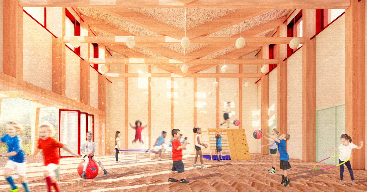 Our new school hall, with its striking butterfly roof, is designed to blur the boundaries between indoors and outdoors. Directly connected to the forest school, it brings nature into the heart of learning.