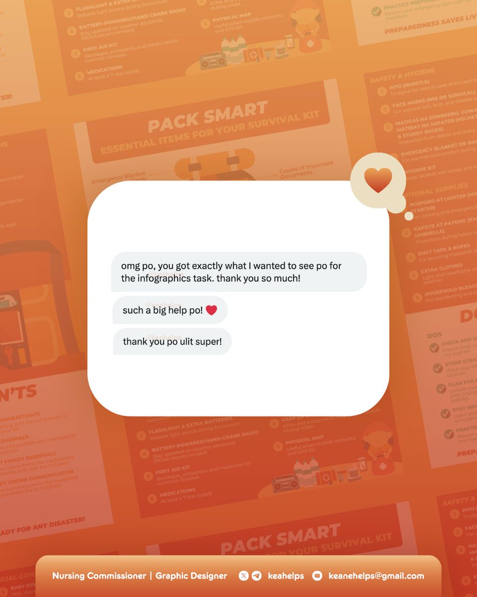 keahelps's tweet photo. 📮 𝗖𝗟𝗜𝗘𝗡𝗧 𝗙𝗘𝗘𝗗𝗕𝗔𝗖𝗞 ── #TYSMKEANE 💌
💬 𝘖𝘮𝘨 𝘱𝘰, 𝘺𝘰𝘶 𝘨𝘰𝘵 𝘦𝘹𝘢𝘤𝘵𝘭𝘺 𝘸𝘩𝘢𝘵 𝘐 𝘸𝘢𝘯𝘵𝘦𝘥 𝘵𝘰 𝘴𝘦𝘦 𝘱𝘰 𝘧𝘰𝘳 𝘵𝘩𝘦 𝘪𝘯𝘧𝘰𝘨𝘳𝘢𝘱𝘩𝘪𝘤𝘴 𝘵𝘢𝘴𝘬. 𝘛𝘩𝘢𝘯𝘬 𝘺𝘰𝘶 𝘴𝘰 𝘮𝘶𝘤𝘩!

Loved creating this visual guide to essential Survival Kit items for my repeat client, Mx. D. 🧰

It required a clear and concise visual guide to essential survival items. I loved the challenge of categorizing everything from first aid to tools and transforming them into easy-to-scan icons. ✨ The goal was to create something that isn't just informative, but truly practical. I'm so happy with how they turned out! 💖

📩 Impressed by this infographic? DM me to get started! Inquiry form under pinned post. 🎀

🎟 looking for lf client nurse student acad academics designer comms commission bsn graphic design gfx creative magazine poster infographics powerpoint ppt slides canva timeline pubmat publication materials shirt tshirt tote bag logo rebranding brochure pamphlet template booklet flyer product packaging canva adobe illustrator