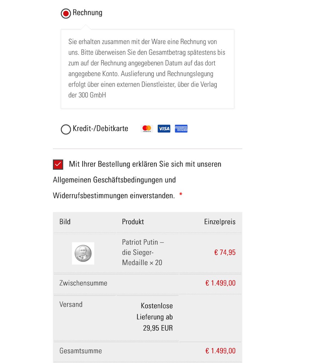 Die „Patriot Putin“ Münze von Compact massenhaft auf Rechnung zu bestellen ohne die Rechnung zahlen zu wollen, ist illegal. Sowas macht man nicht. 

Ich würde niemals jemandem dazu raten, sowas Durchtriebenes zu machen.