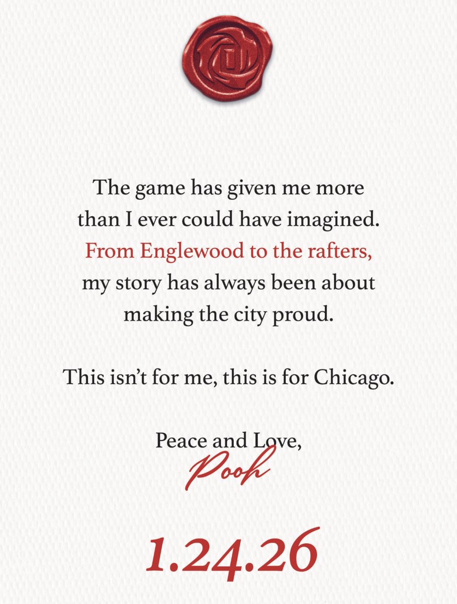 Derrick Rose’s official statement after the jersey retirement date was announced.

“From Englewood to the rafters”