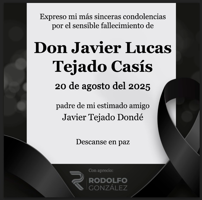 Lamento profundamente el fallecimiento de Don Javier Lucas Tejado Casís, padre de mi estimado amigo Javier Tejado Dondé.

Mi más sentido pésame para él y su familia en este momento tan difícil.

Descanse en paz. <a href="/JTejado/">Javier Tejado</a>