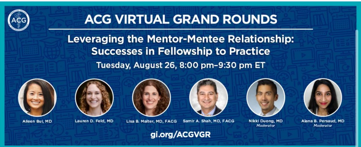 #Mentorship is a critical part to all of our careers &amp; lives💙

But How Can Trainees Optimize Mentoring Relations❓

The <a href="/AmCollegeGastro/">ACG</a> Training Committee Inaugural Webinar on Mentoring 🔥

Join us &amp; hear first hand from this ⭐️ line of #GILeaders 👇

🔖 tinyurl.com/bdfaeez4