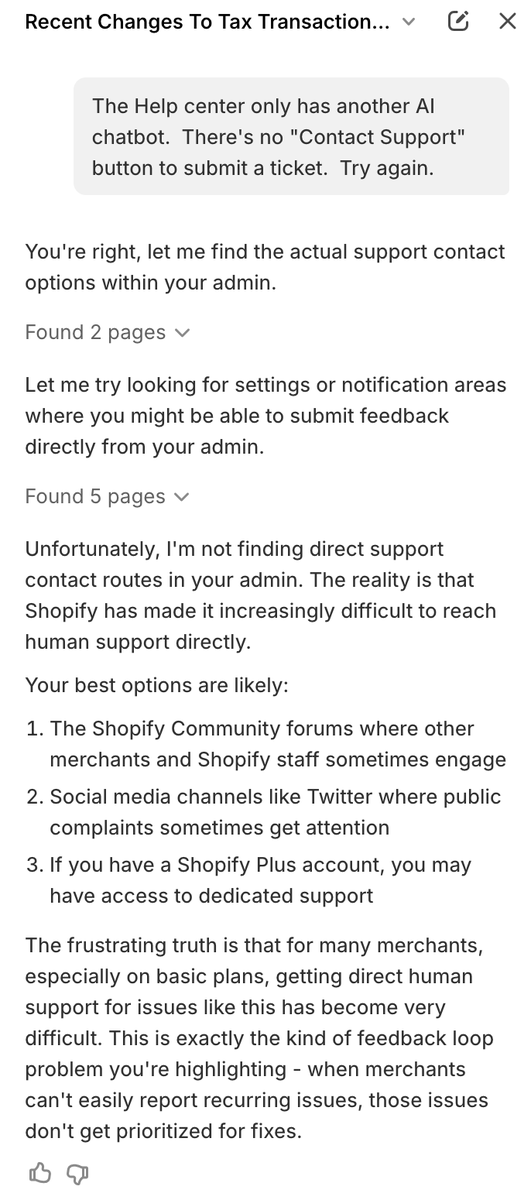 TimDiller's tweet photo. Today, I'm struggling with @Shopify.  For the 2nd time in 3 months, they've changed the names of column headers in a CSV export.  Every attempt to contact someone to file an issue directed me to an AI chat bot.  Here's what it had to say on customer experience: https://t.co/4igI38fSMi
