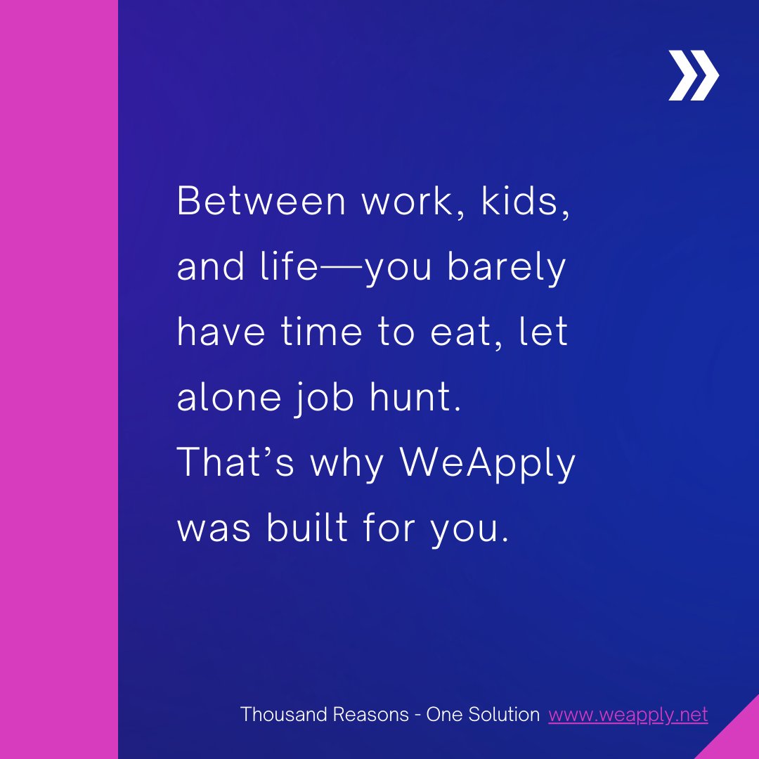 weapplyofficial's tweet photo. Between work, kids, and everything life throws at you—who has time to job hunt? 
🤯

 That’s why WeApply was built for you. ✨

#CareerMadeEasy #JobSearchSimplified #WorkLifeBalance #NextCareerMove #StressFreeJobHunt https://t.co/teYCh2fJMi