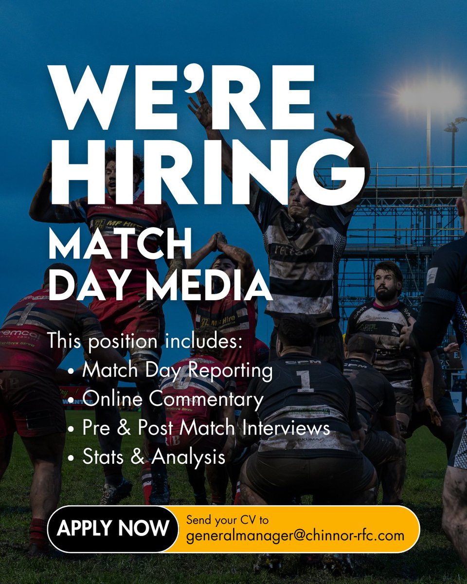 We’re on the lookout! Chinnor RFC is searching for a Match Day Media Lead.

Know someone who might be a good fit? Tag them below or share this post!