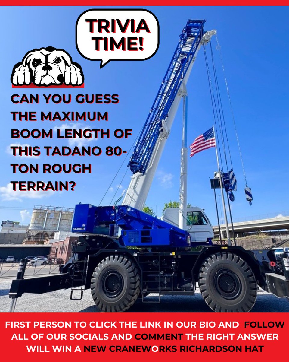 🏗️TRIVIA TIME🏗️

✅The FIRST person to comment the correct answer wins a new Richardson CraneWorks hat🧢

📍Must be able to pick up locally in Birmingham!

#Trivia #Tadano #RoughTerrainCrane