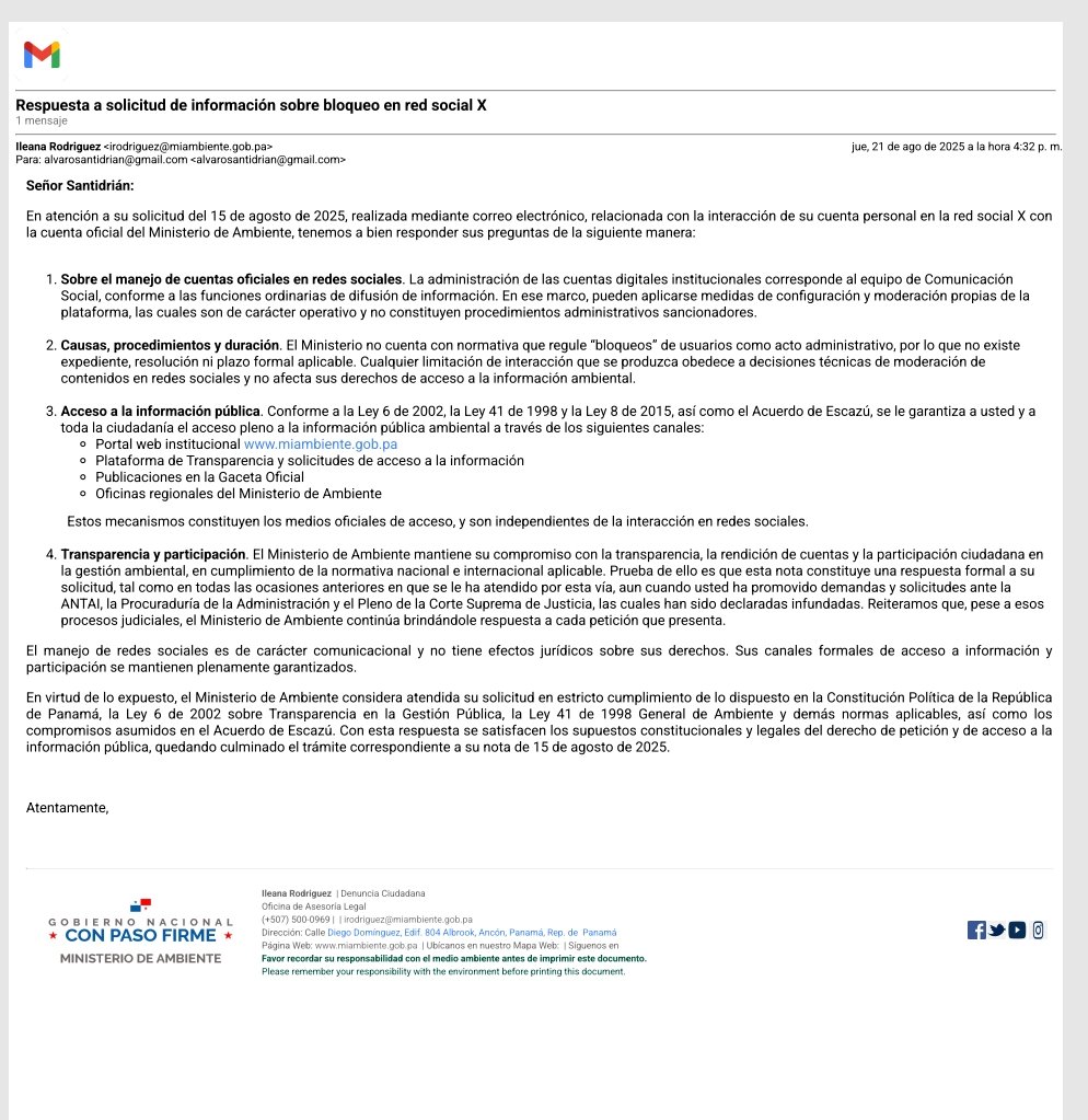 Según El Ministerio de Ambiente pueden bloquear a quien ellos quieran en redes sociales sin tener que dar ninguna explicación. Discriminación institucional sin criterio.