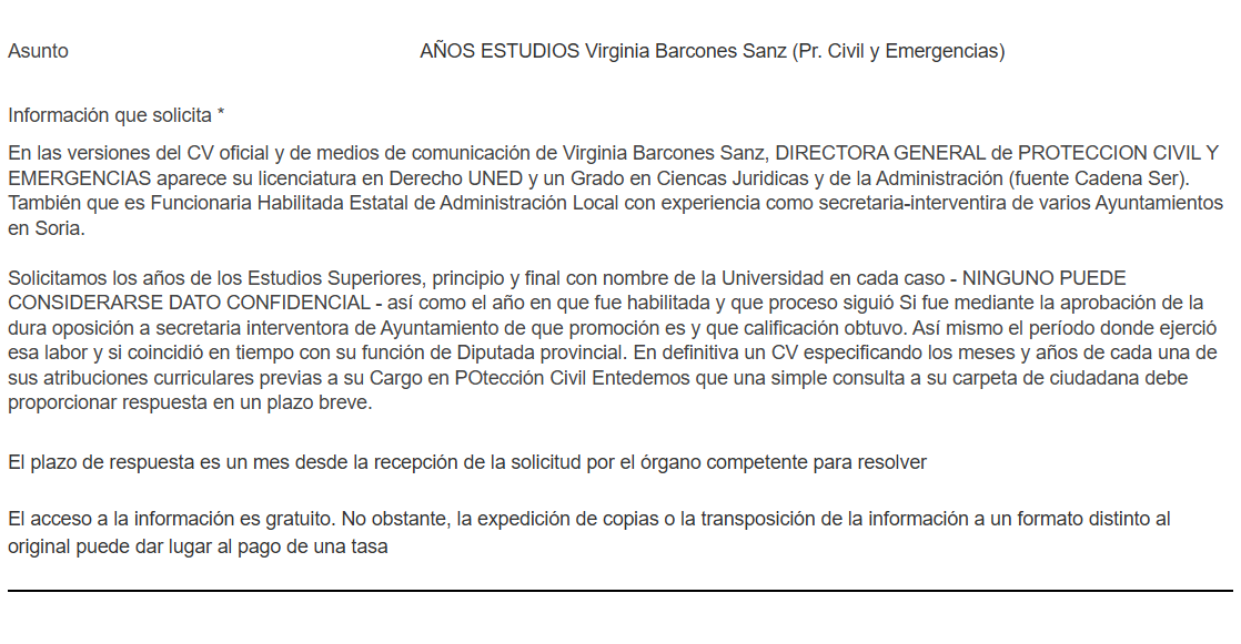 Carles Enric (@carlesenric) on Twitter photo Confirmado la Moncloa
No habiendo recibido respuesta de <a href="/VirBarcones/">Virginia Barcones 🌾</a> hemos procedido a preguntar al Portal de Transparencia por los títulos superiores, año y Universidad, así como su acceso a su plaza de funcionaria A1.
Es lamentable que los políticos crean estar por encima Confirmado la Moncloa
No habiendo recibido respuesta de <a href="/VirBarcones/">Virginia Barcones 🌾</a> hemos procedido a preguntar al Portal de Transparencia por los títulos superiores, año y Universidad, así como su acceso a su plaza de funcionaria A1.
Es lamentable que los políticos crean estar por encima