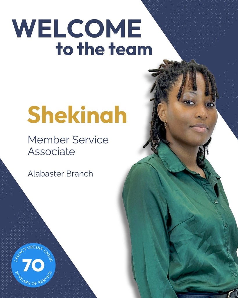 LegacyCU's tweet image. Please help us give a warm welcome to the newest member of team Legacy, Shekinah! You can find her serving members at our Alabaster Branch.